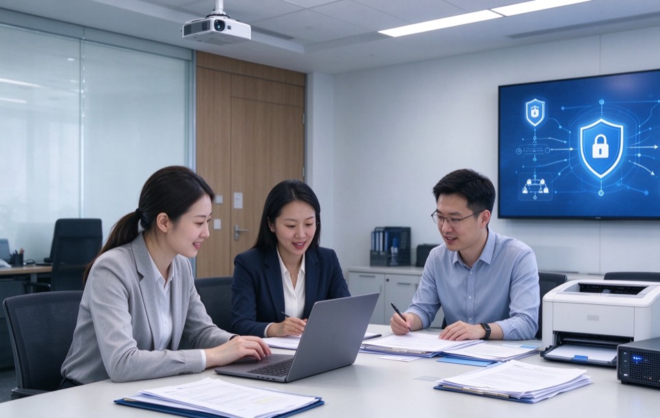医疗器械企业的质量与合规团队在会议室逐份核对文件，屏幕上显示信息安全的盾牌图示